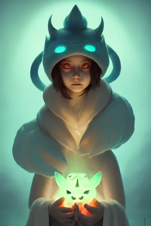 Image similar to super cute Bioluminescent Demon summoner character concept, soft light, soft mood, realistic body features and face, illustration, painting oil on canvas by Elena Zhurikhina and Goro Fujita and Charlie Bowater, octane render trending on artstation, 4k, 8k, HD