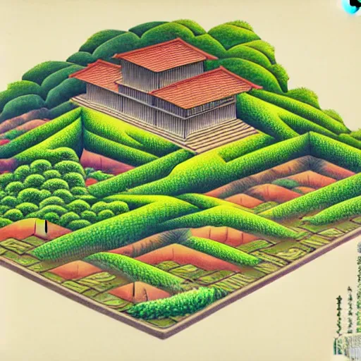 Prompt: 3d isometric botanical illustration of a rural town besides the rio bravo, diego rivera in Ukiyo-e style, HD