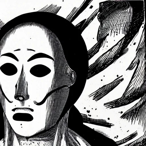 Image similar to a hooded man in a cracked porcelain mask, junji ito,