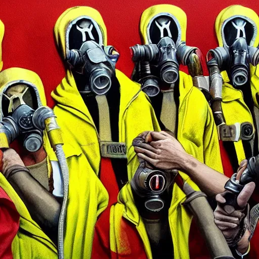 Image similar to detailed details photorealistic saints gang photo group, theyre using gas mask, other using saints mask, theyre wear yellow and red hoodie, theyre leader regularly uses red in the style of bob peak and alex ross, gouache and wash paints color, detailed details facial and body and human and environments and proportionate, detailed 5 k details.