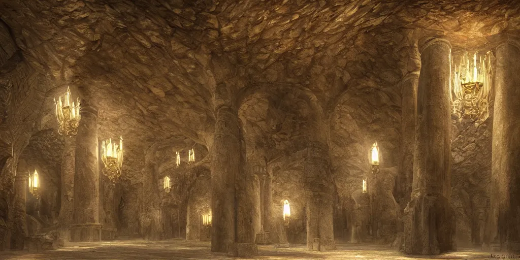 Image similar to The Great Hall of Moria underground city by John Howe, symmetrical, even spacing, gigantic pillars, sconces, intricate details, intricate stone carvings, Tolkien, unreal engine, octane render, trending on cgsociety, trending on artstation, epic, grandiose, awe inspiring, dwarven architecture, inlaid with gold