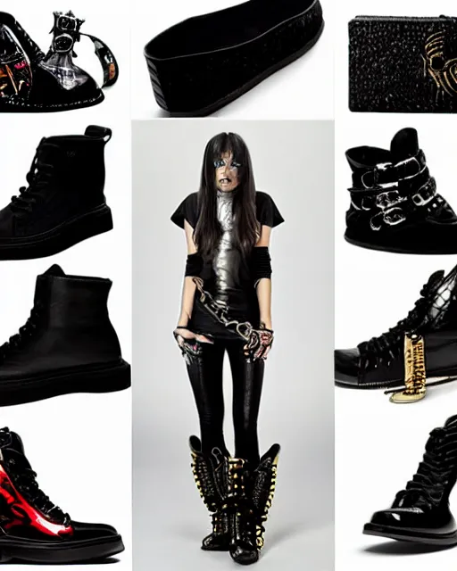 Image similar to stylish shoe design, killer boots, scorpions, spiders, high soles, battle shoes, metal, heavy metal rave shoes