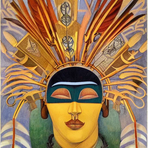 Image similar to head of a beautiful boy wearing a mask made of metal flowers, by diego rivera and john watkiss, art deco shaman, stylized geometric flowers, art brut, symbolist, dramatic lighting, god rays, iridescent beetles, clean crisp graphics, smooth sharp focus, extremely detailed, adolf wolfli