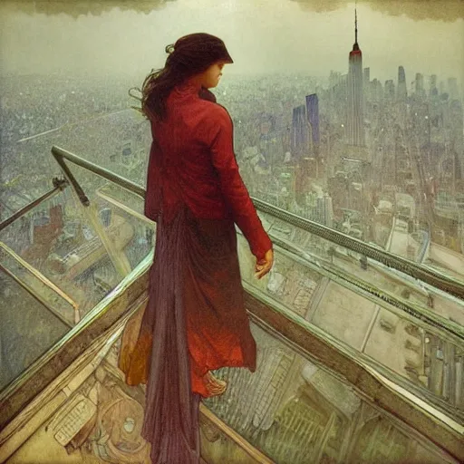 Image similar to “ a girl standing on a ledge looking down at a futuristic new york city below, fog, storm clouds, rain, detailed face, oil painting, by alphonse mucha ”