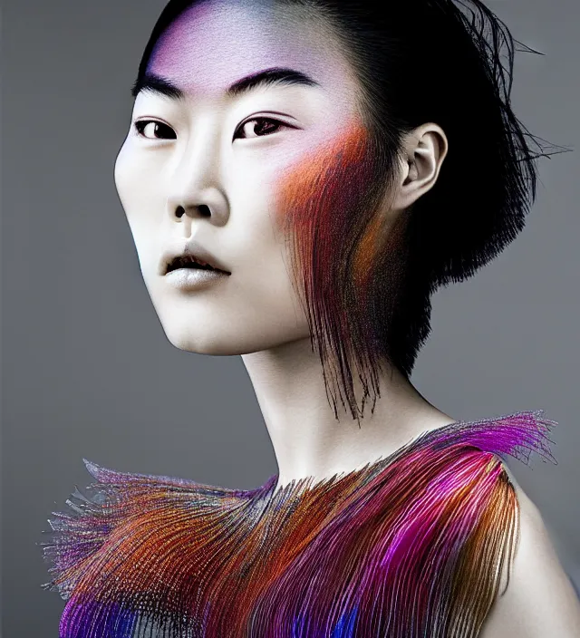 Image similar to photography american portrait of liu wen. great hair style, natural pose, natural lighing, rim lighting, wearing stunning cloth by iris _ van _ herpen, with a colorfull makeup. highly detailed, skin grain detail, film _ noir style lighting, photography by paolo roversi