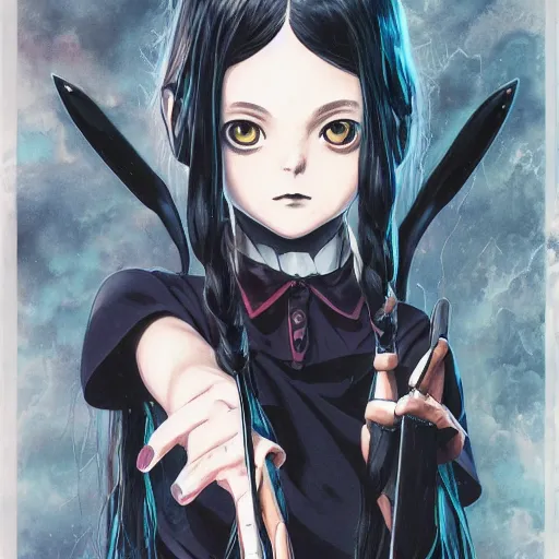 Cute baby wednesday addams with plaits in anime style on Craiyon
