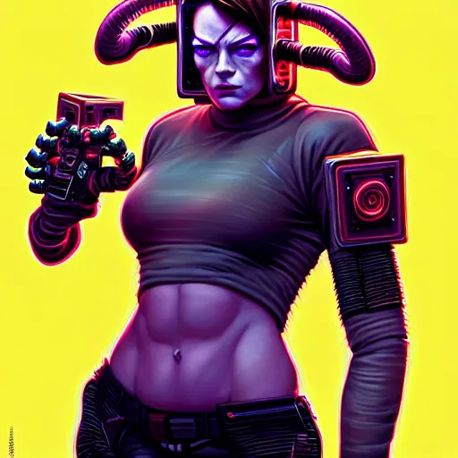 Image similar to portrait painting of a cyberpunk hacker muscular emma stone with two big horns on her head, sharp focus, award - winning, trending on artstation, masterpiece, highly detailed, intricate. art by josan gonzales and moebius and deathburger