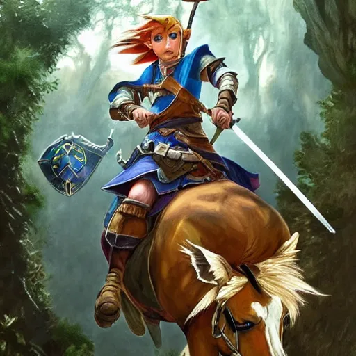 Image similar to Link from Ocarina of Time, riding a majestic horse through The lost woods of Hyrule, D&D, fantasy, intricate, elegant, highly detailed, digital painting, artstation, concept art, matte, sharp focus, illustration, art by Artgerm and Greg Rutkowski and Alphonse Mucha