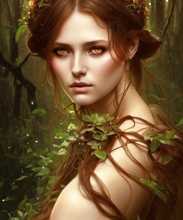 Image similar to Forest nymph woman portrait, amber eyes, face, long hair, fantasy, intricate, elegant, highly detailed, digital painting, artstation, concept art, smooth, sharp focus, illustration, art by artgerm and greg rutkowski and alphonse mucha