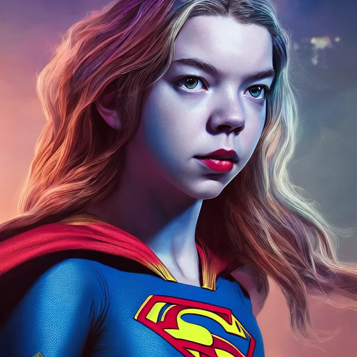 Image similar to anya taylor joy as supergirl. intricate abstract. intricate artwork. by tooth wu, wlop, beeple, dan mumford. octane render, trending on artstation, greg rutkowski very coherent symmetrical artwork. cinematic, hyper realism, high detail, octane render, 8 k, iridescent accents