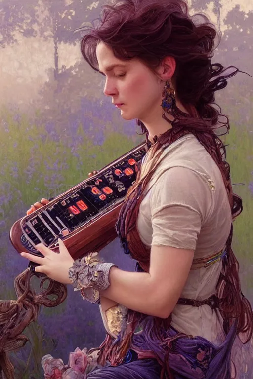 Prompt: portrait of a druid playing an electronic!!-musical-instrument, intricate, stunning, highly detailed, digital painting, artstation, concept art, smooth, sharp, focus, illustration, art by artgerm and greg rutkowski and alphonse mucha