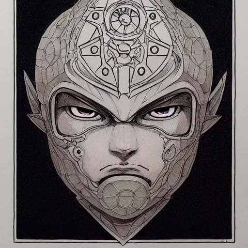 Image similar to prompt: Fragile looking vessel portrait face drawn by Katsuhiro Otomo, inspired by World of Warcraft, magical and alchemical objects on the side, soft light, white background, intricate detail, intricate ink painting detail, sharp high detail, manga and anime 2000