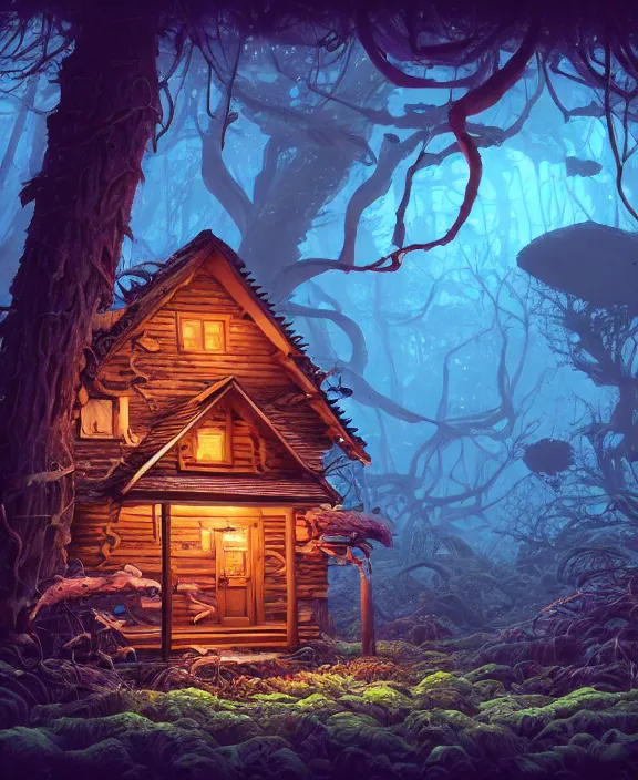 Image similar to a whimsical cabin made from isopods, overgrown with huge rare fungus, deep in the woods, by dan mumford, yusuke murata, makoto shinkai, ross tran, underwater, hellish, cinematic, unreal engine, cel shaded, featured on artstation, pixiv