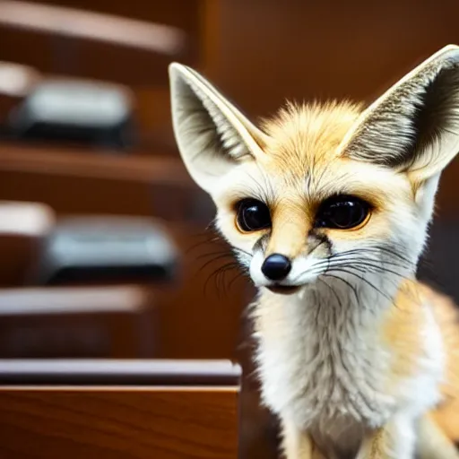 Image similar to a fennec fox testifying in court, photography, highly detailed