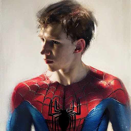 Image similar to portrait of tom holland as spiderman, by jeremy mann, anders zorn.