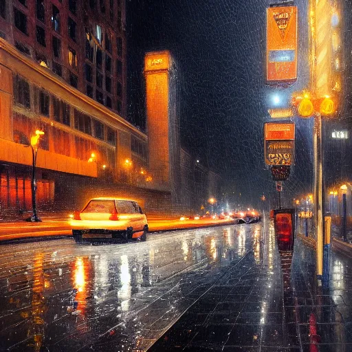 Prompt: realism painting of a rainy night in the streets of chicago, oil on canvas, masterpiece, dramatic pose, beautiful lighting, sharp details, hyper - detailed, hd, hdr, 4 k, 8 k