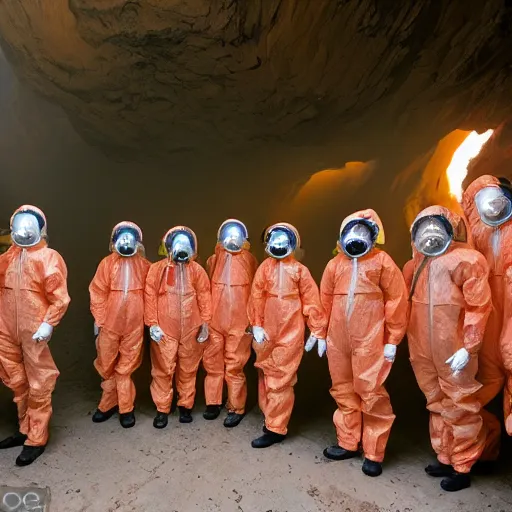 Image similar to wide - shot photo of a group of scientists in hazmat suits, studying a hell open rift portal, by shaun tan, codachrome, hellish, unsettling, otherworldly, smoke, machines, 8 k, hd, highly detailed,