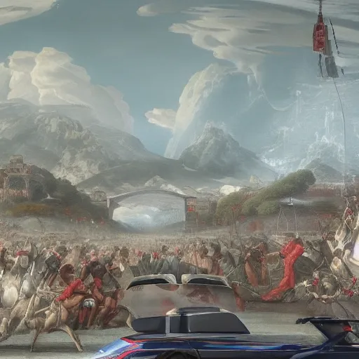 Image similar to sci-fi sport car formula 1 hatchback transport design organic smooth elastic forms on the front background digital billboard with point cloud in the coronation of napoleon painting by Jacques-Louis David, pinterest keyshot product render, cloudy plastic ceramic material shiny gloss water reflections, ultra high detail ultra realism, 4k