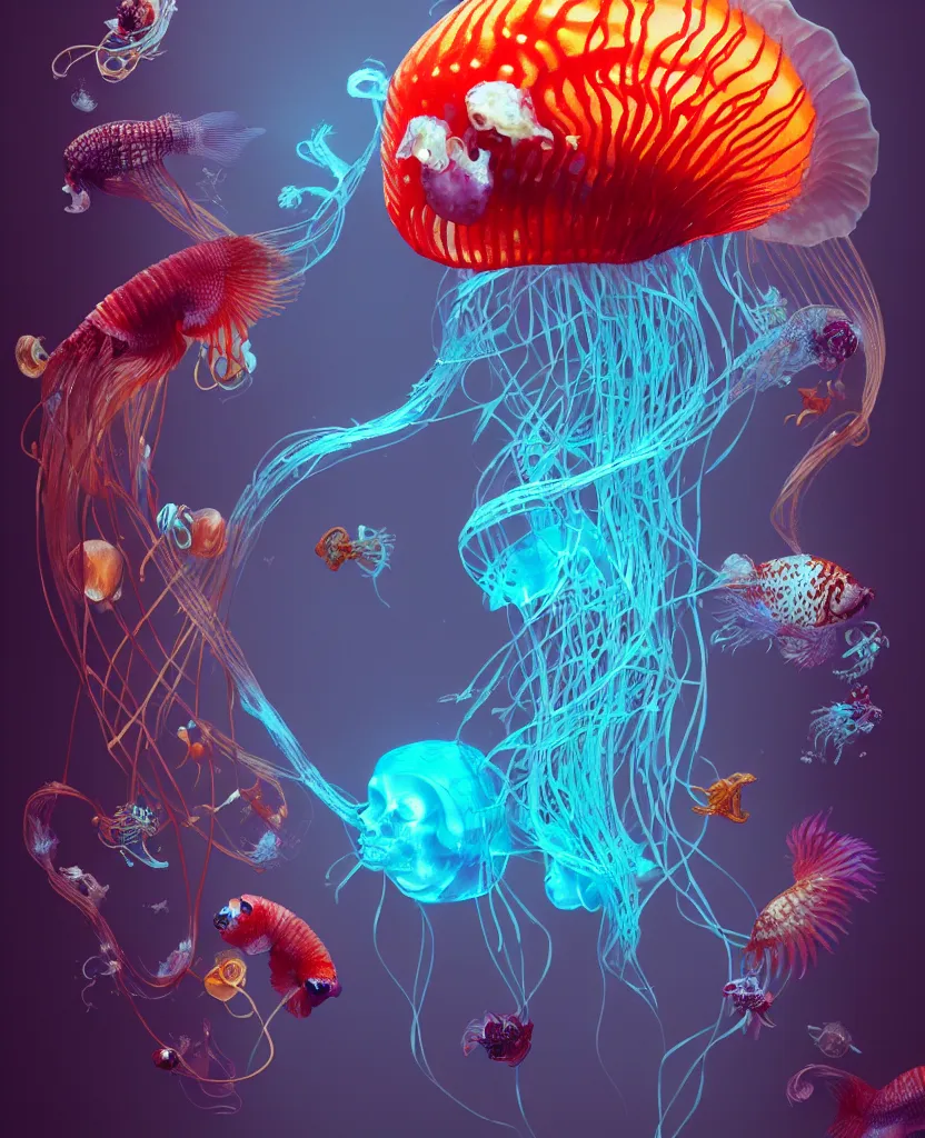 Image similar to human thorax, jellyfish phoenix head, nautilus, orchid, skull, betta fish, bioluminiscent creatures, intricate artwork by Tooth Wu and wlop and beeple. octane render, trending on artstation, greg rutkowski very coherent symmetrical artwork. cinematic, hyper realism, high detail, octane render, 8k