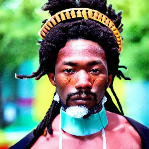 Image similar to A Jamaican samurai, Y2K, 35mm film, portrait, by Mariko Mori