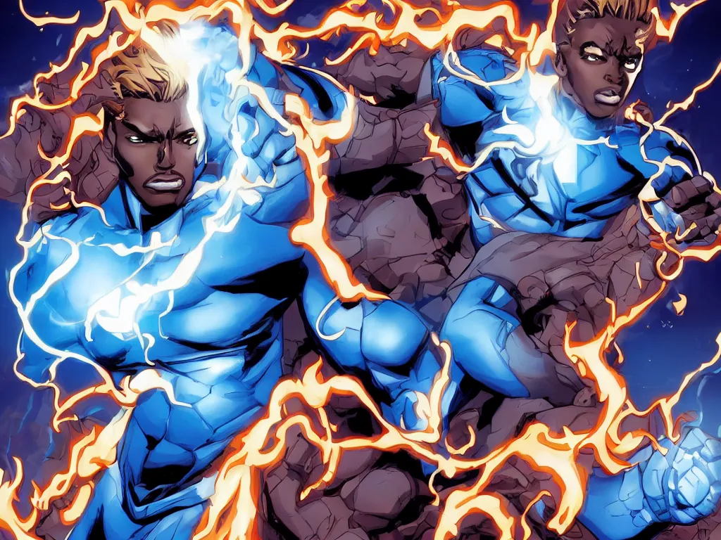 Image similar to dark skinned Johnny Storm young male superhero of the fantastic four, full body, flaming dreadlock hair, blue uniform with the number 4 on the chest in a round logo, cinematic, high detail, no imperfections, extreme realism, high detail, extremely symmetric facial features, no distortion, clean, also evil villians fighting in the background, by Stan Lee