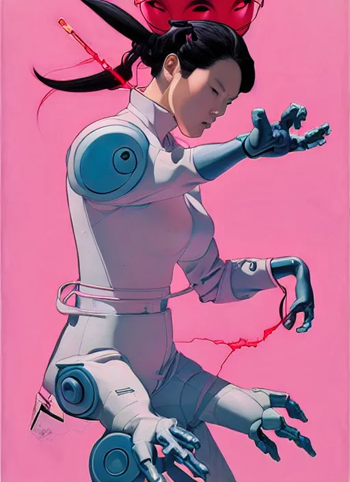 Prompt: Artwork by James Jean and Phil noto; a fierce young Japanese lady fighting a gigantic pink robot. art work by Phil noto and James Jean