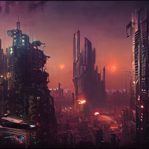 Image similar to cyberpunk city, sunset, gorgeous view, depth, painted by seb mckinnon, high detail, digital art, painted by greg rutkowski, trending on artstation