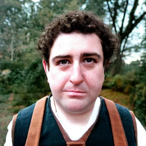 Image similar to close up headshot of a frowning clean shaven pudgy British lad with short curly dark brown hair as a hobbit wearing a white men's crossbody sling chest bag and blue vest, blue vest!! white crossbody chestbag!! high resolution film still, by Jeff Bark