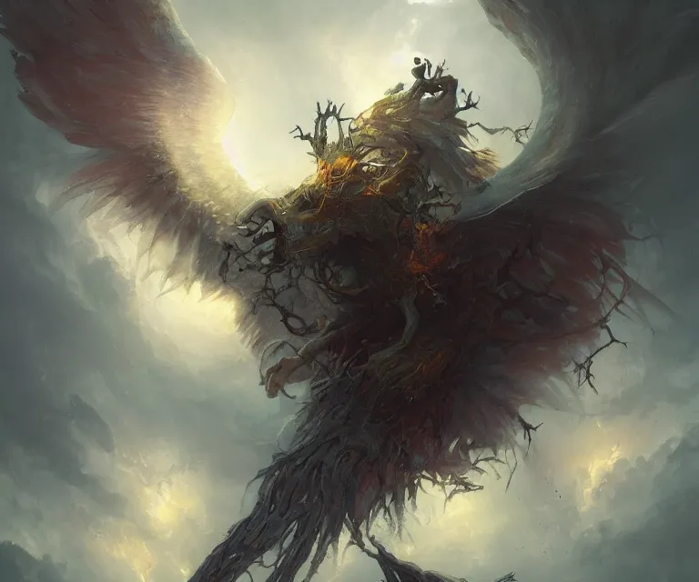 Prompt: a beautiful taror card artwork of a fallen seraphim, horror, backlit, gloomy sky, highly detailed, digital painting, hdri, by greg rutkowski and peter mohrbacher and dan mumford and artgerm, vivid colors, detailed shading, 8 k resolution, intricate, smooth