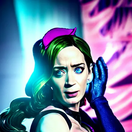 Image similar to cinematic scene with emily blunt as jolyne from jojo's bizarre adventure, live action film, stone ocean, dramatic, small details, volumetric lighting, still frame