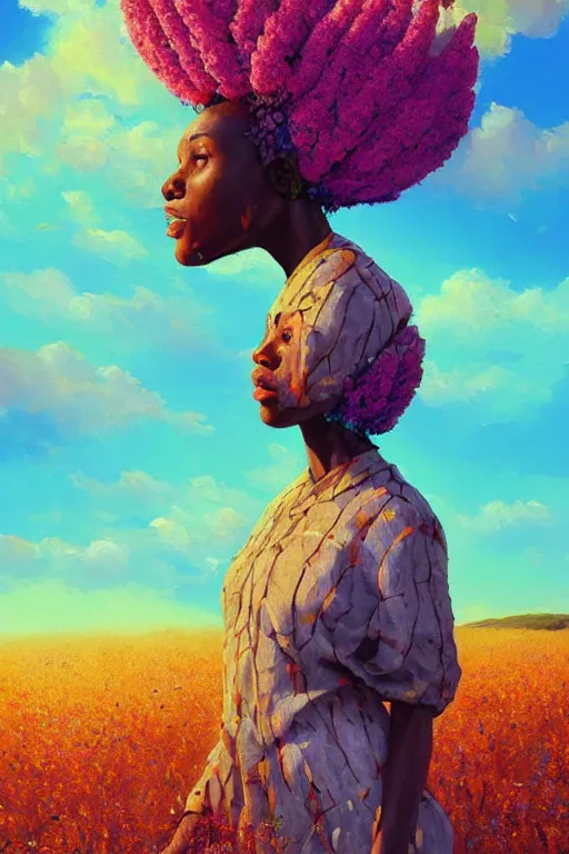 Image similar to closeup, giant flower as head, african woman in heather field, surreal photography, golden hour, colorful clouds, impressionist painting, digital painting, artstation, simon stalenhag