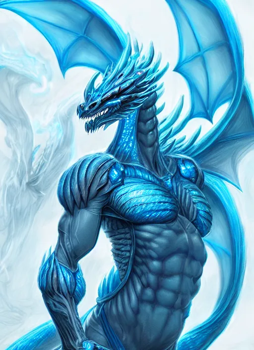 Image similar to muscular and tall blue ghostly fire humanoid dragon!!!! draconian!! intricate ornate iridescent exoesqueleton!! character concept art, sharp focus, octane render! unreal engine 5! highly rendered!! trending on artstation!! detailed linework!! illustration by artgerm, wlop, and chie yoshii