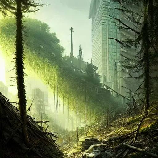 Prompt: postapocalyptic city of munich!!!, wild forest!!! vegetation!!!, small rubble!!, hyperrealistic, highly detailed, cinematic, sunny light, beautiful, cgssociety, artstation, 8 k, oil painting by greg rutkowski, by artgerm, by wlop