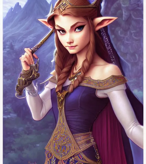 Image similar to portrait of disney zelda twilight princess!!!!!, intricate, elegant, highly detailed, digital painting, artstation, concept art, smooth, sharp focus, illustration, art by artgerm and greg rutkowski and alphonse mucha and uang guangjian and gil elvgren and sachin teng and wlop, symmetry!!