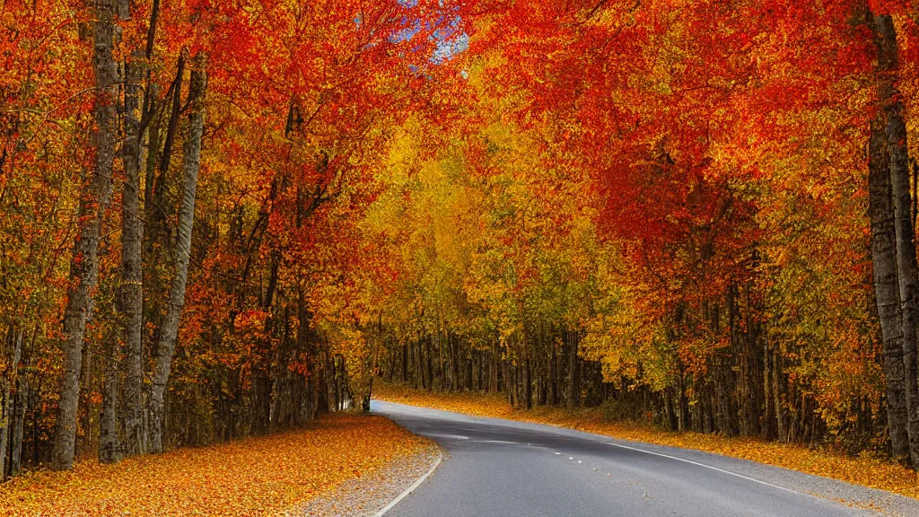 Prompt: a photograph of a country road! lined on both sides by maple and poplar trees, in the autumn, red orange and yellow leaves, some leaves have fallen and are under the trees and on the road