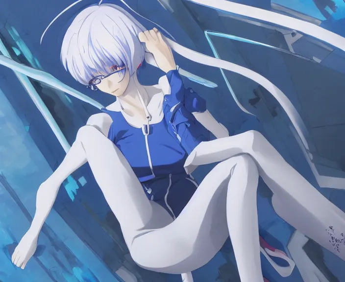 Image similar to anime art, fullbody shot of female rei ayanami, evangelion, long blue hair and large eyes, finely detailed perfect face, in a pale skintight plugsuit, sitting on rooftop, flooded city, trending on pixiv fanbox, by ilya kuvshinov, sola digital arts,, raytracing