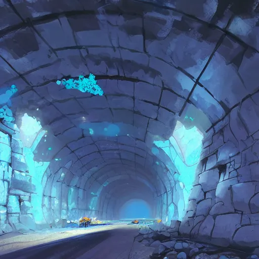 Image similar to concept art painting of a mine tunnel with blue crystals, realistic, detailed, cel shaded, in the style of makoto shinkai and greg rutkowski and james gurney