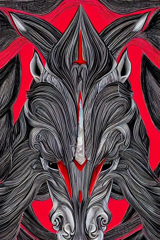 Prompt: evil unicorn, symmetrical, highly detailed, digital art, sharp focus, trending on art station, red and black