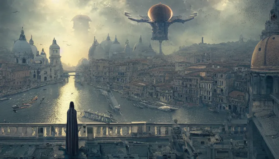 Prompt: a gargantulan alien ufo high tech spaceship eerily hovering on italy venice city landscape with beautiful temples by greg rutkowski, artgerm, ross tran, magali villeneuve, intricate, time travel theme, audince in awe, spectacle, audience sorrounding, award winning, octane render, masterpiece, 8 k, beautiful