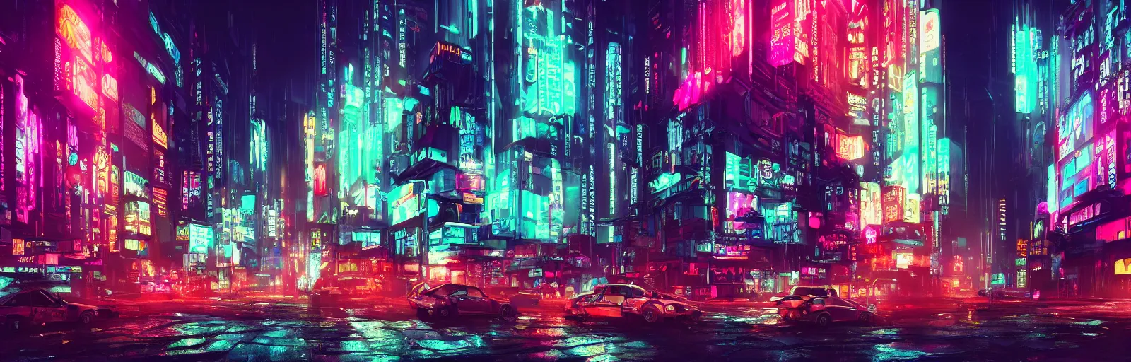 Prompt: street view of a cyberpunk city center, in the style of Blade Runner, rainy weather, neon lighting, vaporwave, retro wave, synthwave, highly detailed, digital painting, concept art, illustration, artstation, Roger Deakin's cinematography, Liam Wong, photo-realistic, cinematic lighting, 8k,