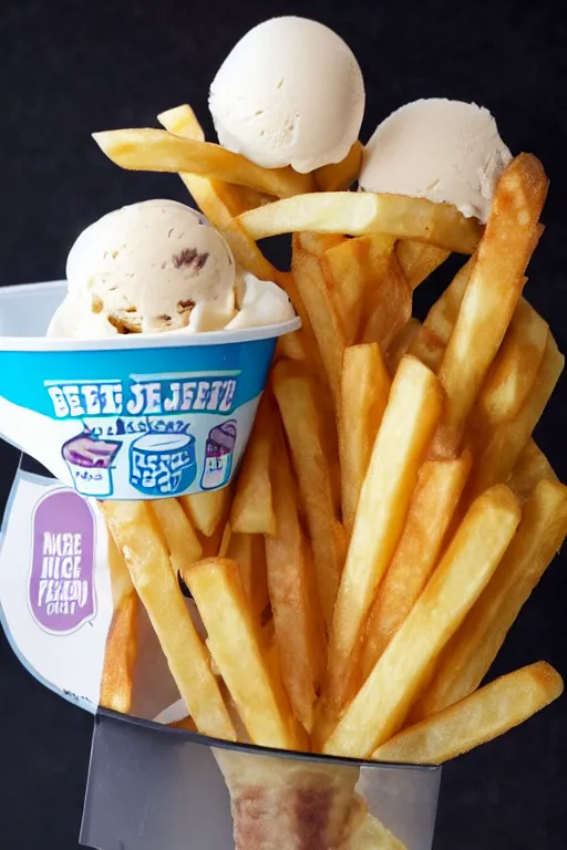 Prompt: french fries flavoured ben and jerry's ice cream, ice cream with pieces of french fries