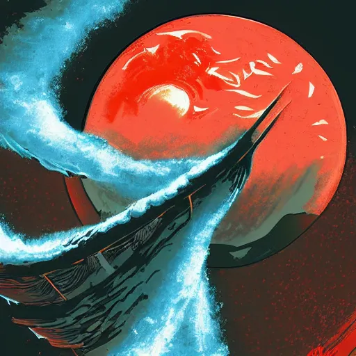 Image similar to nuclear blast moon eclipse, sci - fi, wet brush, poster art, illustrated in the style of jeff lyons