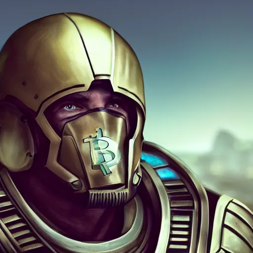 Prompt: a bussines man with a spartan helmet branded bitcoin, kaleo, crypto, bitcoin, cinematic, matte painting, trending artstation, 8k