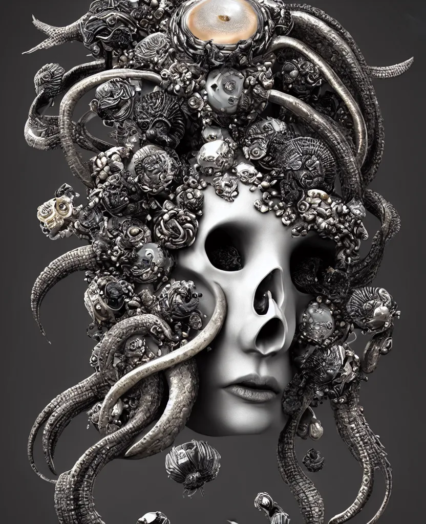 Image similar to goddess princess face close-up portrait ram skull. sculpture made of black stone with elements made of polished gold. jellyfish phoenix head, nautilus, orchid, skull, betta fish, bioluminiscent creatures, intricate artwork by Tooth Wu and wlop and beeple. octane render, trending on artstation, greg rutkowski very coherent symmetrical artwork. cinematic, hyper realism, high detail, octane render, 8k