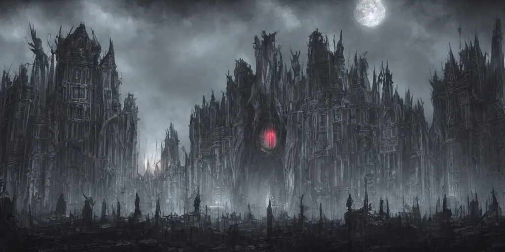 Prompt: grimdark chaos fortress, ruined, terrifying architecture, looming, dark, fog, dark souls, artstation