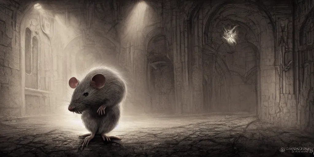 Image similar to cursed anthropomorphic mouse in the sewers by Gerald Brom, concept art, fantasy, gothic cathedral, light through the mist, dramatic lighting, photorealistic, cinematic lighting, high detail, cinematic feel, high octane, 4K, Unreal Engine, digital render, intricate, ultra realistic, crepuscular ray, low angle, superwide shot, lunapunk