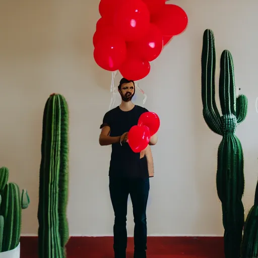 Image similar to man with a cactus head in a room full with red balloons