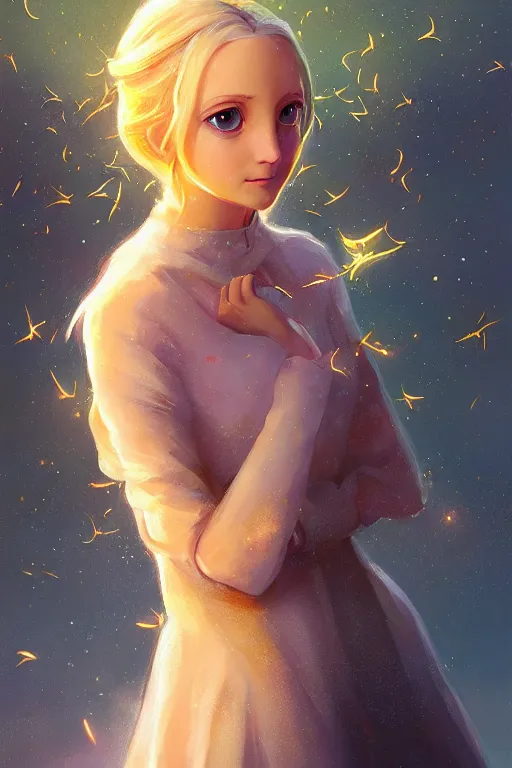 Prompt: breathtaking detailed painting of luna lovegood princess, by rhads, makoto shinkai and lois van baarle, gauze dress and fireflies in golden mists, happy piercing eyes, detailed realistic facial features, amalgamation of magical stars, 8 k, concept art, matte, sharp focus, rembrandt style