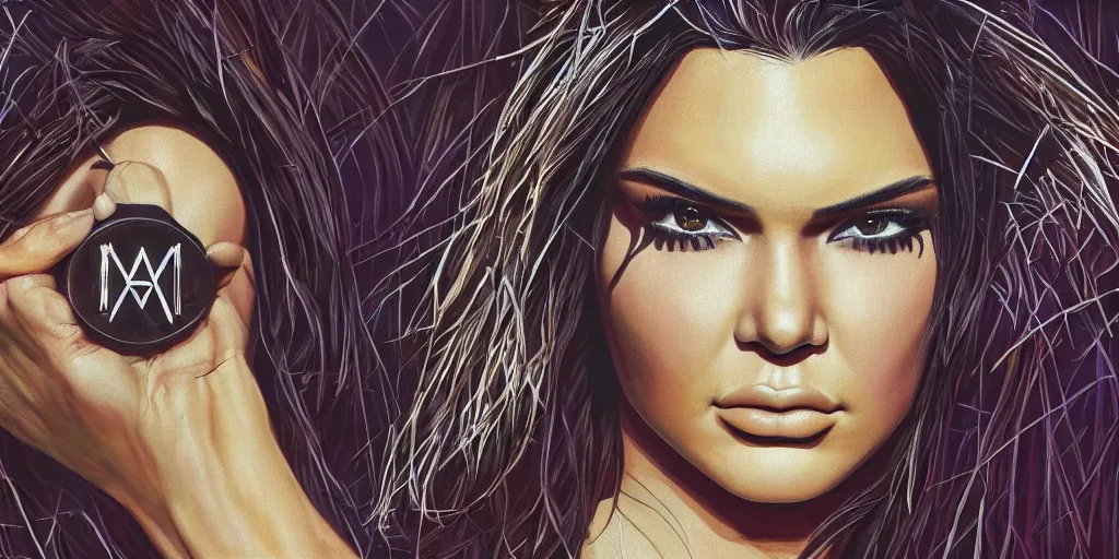 Prompt: hyper realistic kendall jenner on a coachella stage in the style of a slipknot album cover, minimal art style, highly detailed, intricate, digital painting, artstation, 3 5 mm film grain