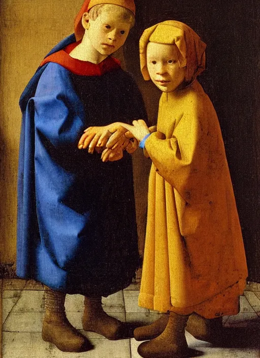 Prompt: Two little brothers look at each other, medieval painting by Jan van Eyck, Johannes Vermeer, Florence